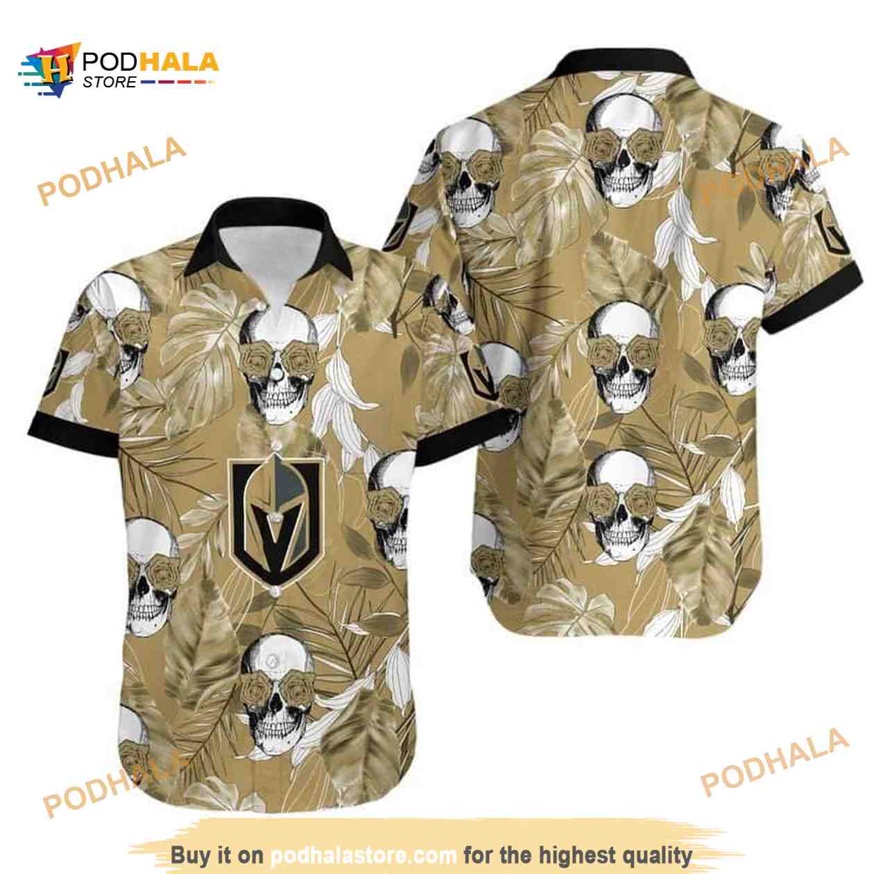 Aloha NHL Vegas Golden Knights Funny Hawaiian Shirt Skull Rose And Tropical Palm Leaves Aloha NHL Vegas Golden Knights Funny Hawaiian Shirt Skull Rose And Tropical Palm Leaves