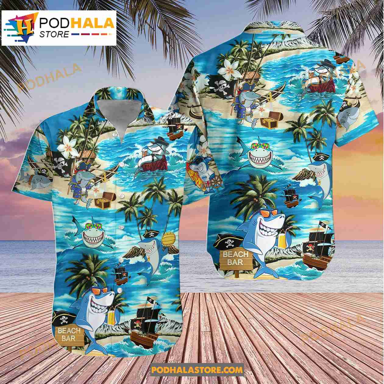 Aloha Pirate Shark Cool Beach Style Hawaiian Shirt Aloha Pirate Shark Cool Beach Style Hawaiian Shirt