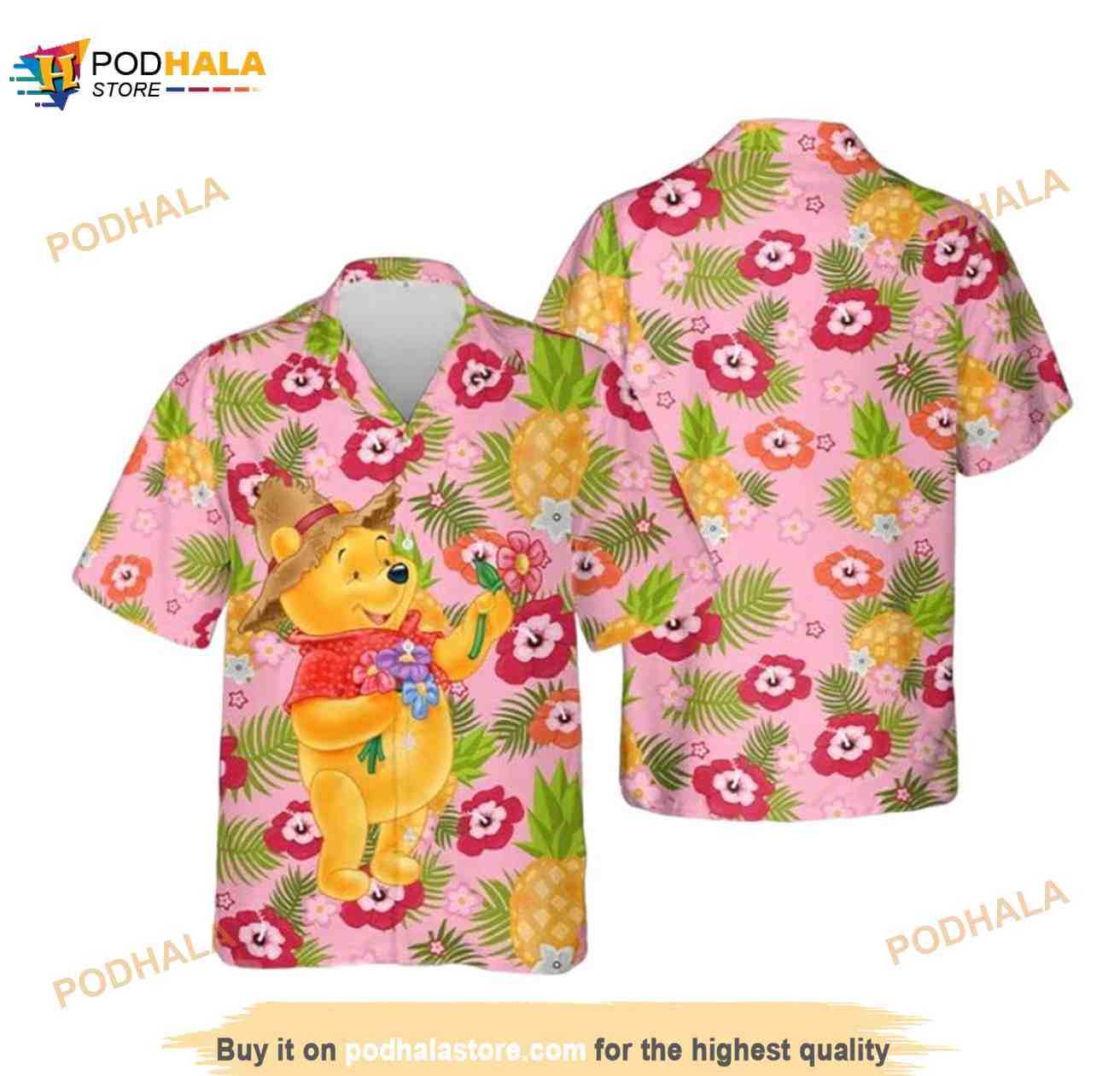 Bear The Pooh Flower Colorful Pineapple On The Pink Funny Hawaiian Shirt Bear The Pooh Flower Colorful Pineapple On The Pink Funny Hawaiian Shirt
