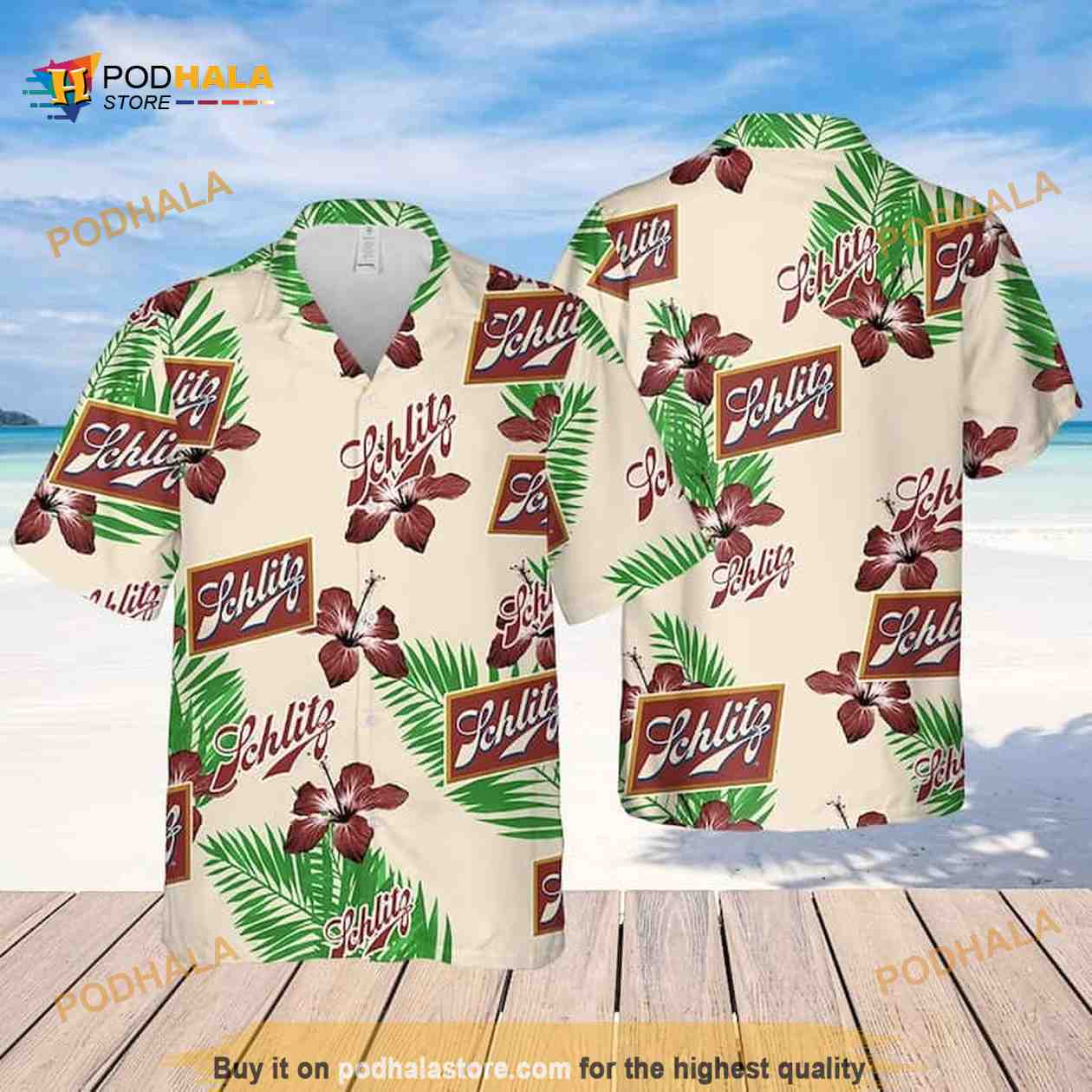Beige Schlitz Beer Funny Hawaiian Shirt Hibiscus Flower Palm Leaves Pattern Beige Schlitz Beer Funny Hawaiian Shirt Hibiscus Flower Palm Leaves Pattern