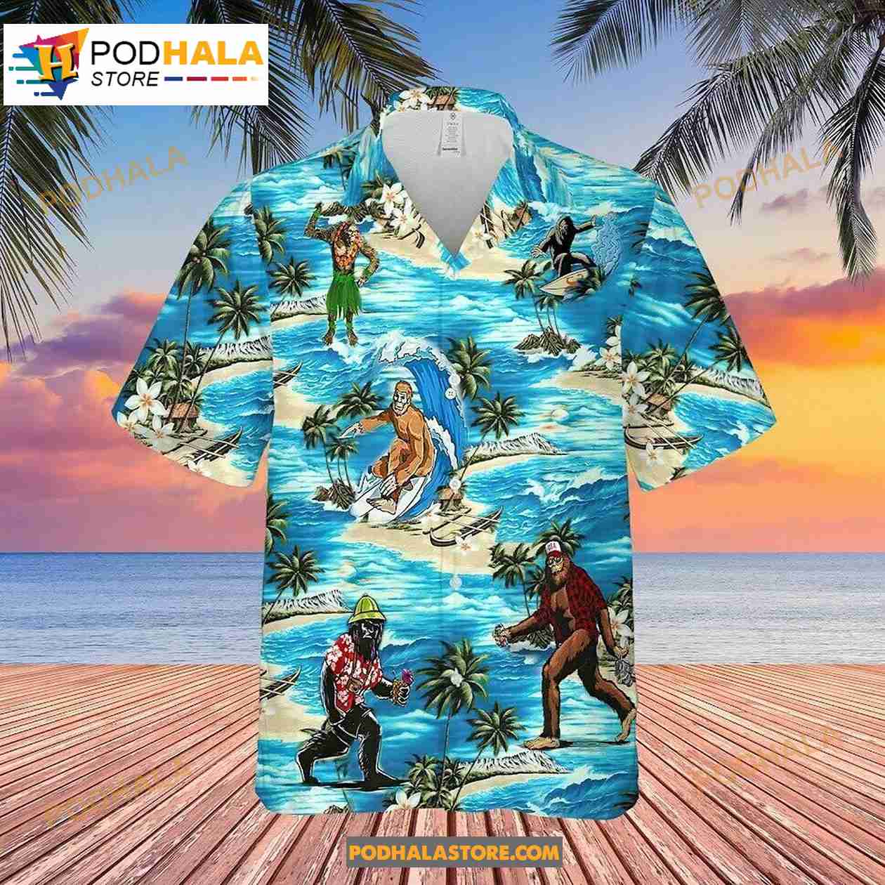 Bigfoot Surfing Summer Vintage Beach Carrying Hotdog Button Down Hawaiian Shirt Bigfoot Surfing Summer Vintage Beach Carrying Hotdog Button Down Hawaiian Shirt
