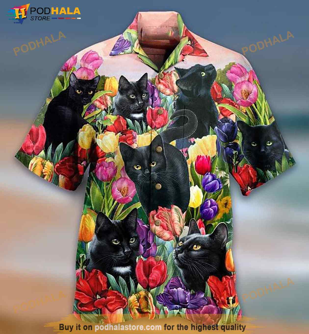 Black Cat Tropical Flowers Print Hawaiian Shirt Black Cat Tropical Flowers Print Hawaiian Shirt