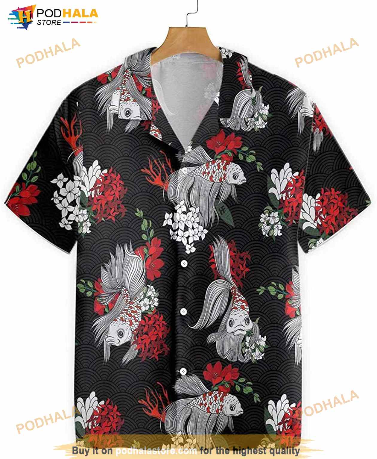 Black Koi Fish And Flowers Hawaiian Shirt Black Koi Fish And Flowers Hawaiian Shirt