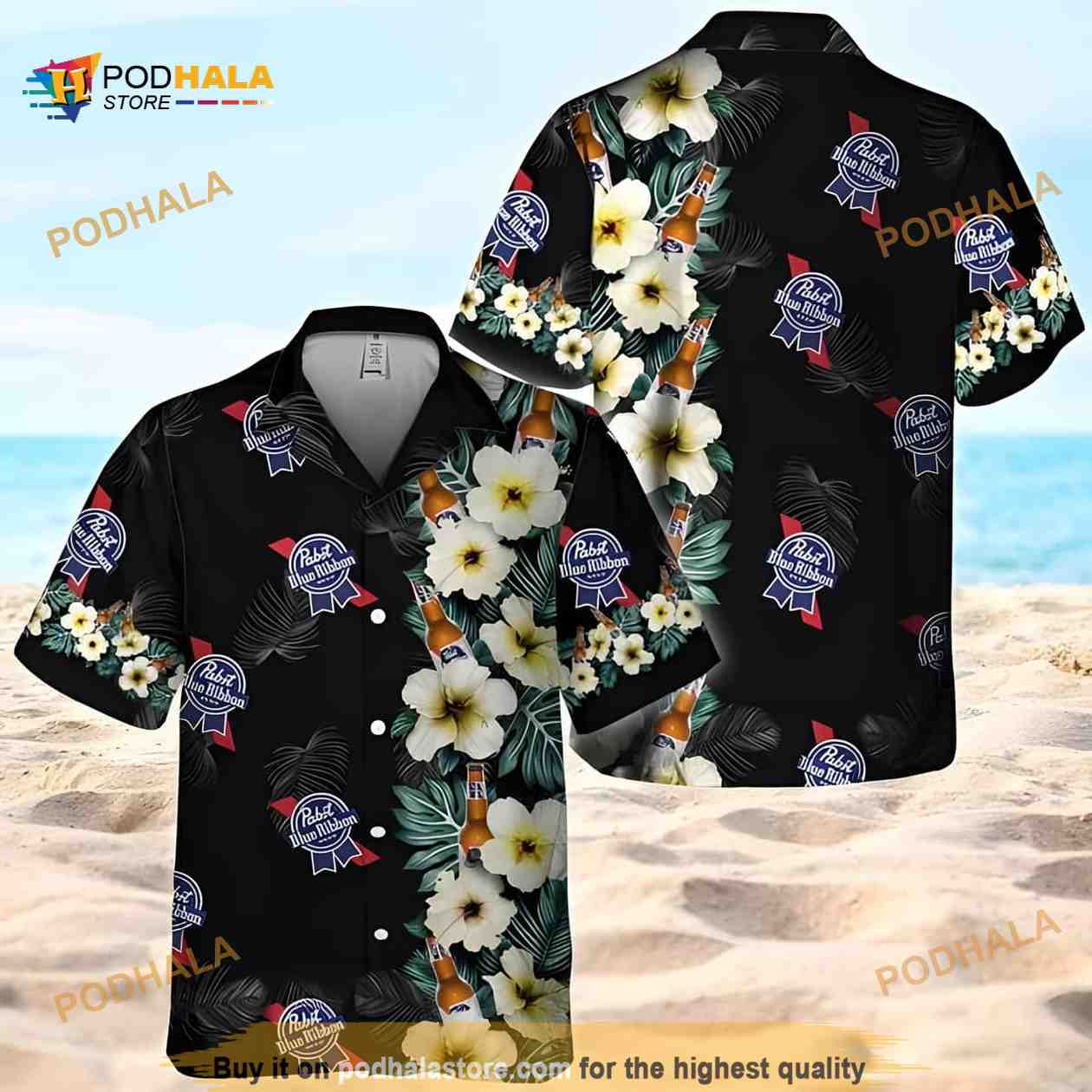 Black Pabst Blue Ribbon Beer Funny Hawaiian Shirt Hibiscus Flower Pattern Black Pabst Blue Ribbon Beer Funny Hawaiian Shirt Hibiscus Flower Pattern