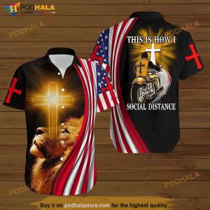 Cross Lion American Flag Biker This Is How I Social Distance Hawaiian Shirt