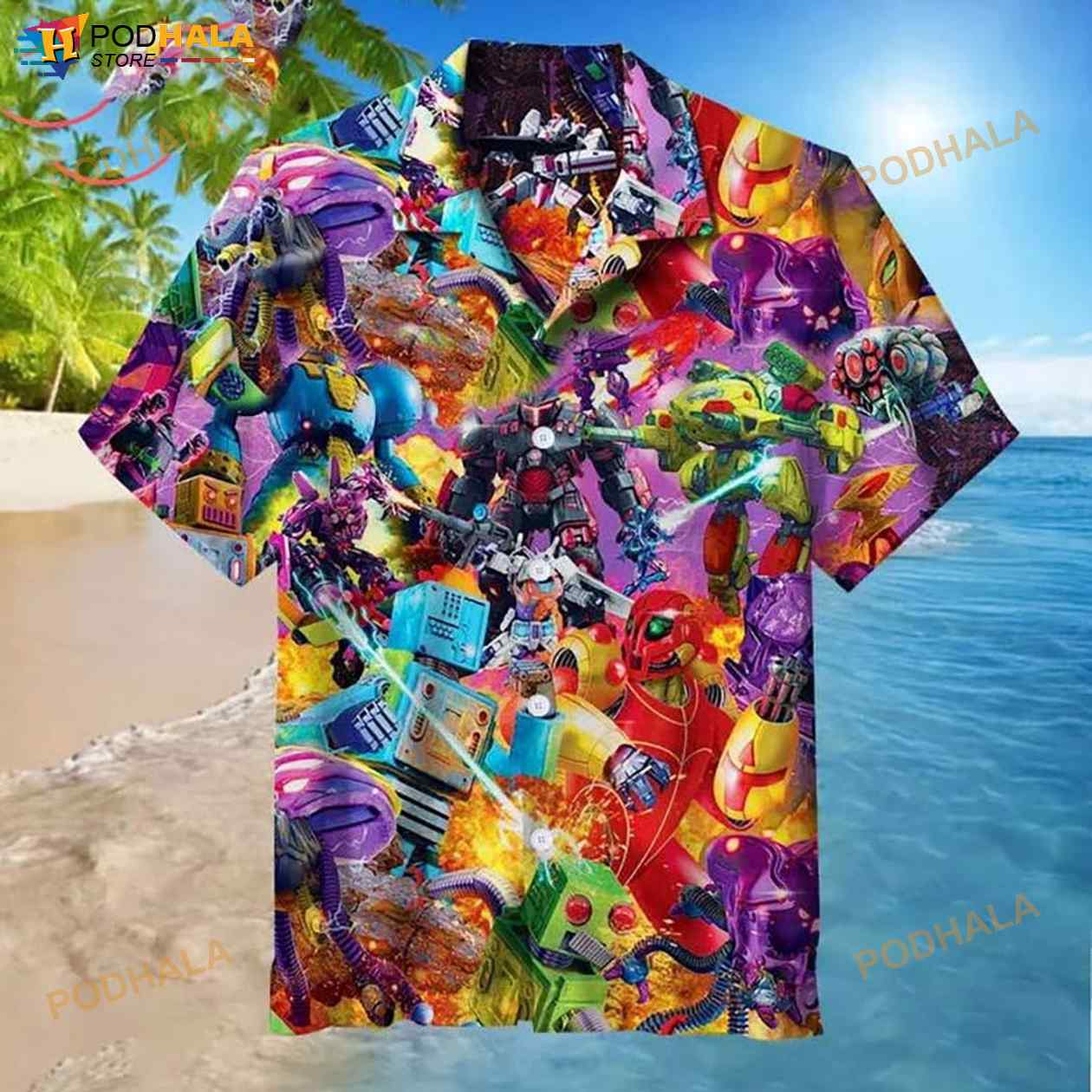 Mecha Robot War 3D Funny Hawaiian Shirt Mecha Robot War 3D Funny Hawaiian Shirt