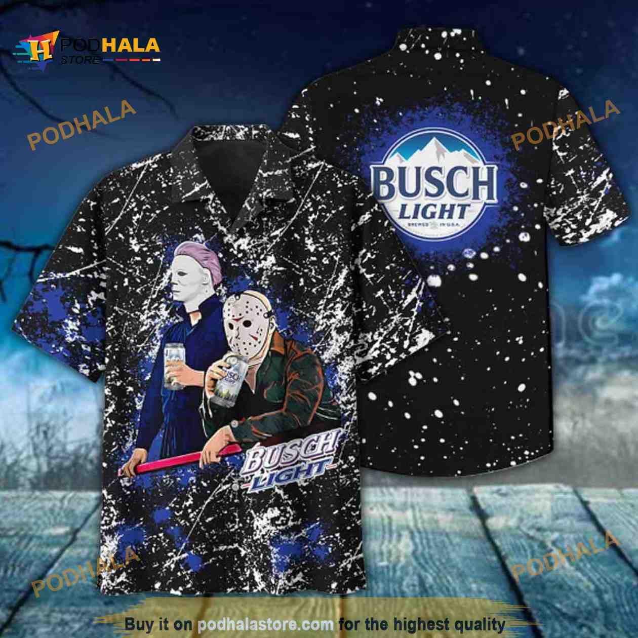 Michael Myers And Jason Voorhees Drinking Busch Light Hawaiian Shirt Michael Myers And Jason Voorhees Drinking Busch Light Hawaiian Shirt