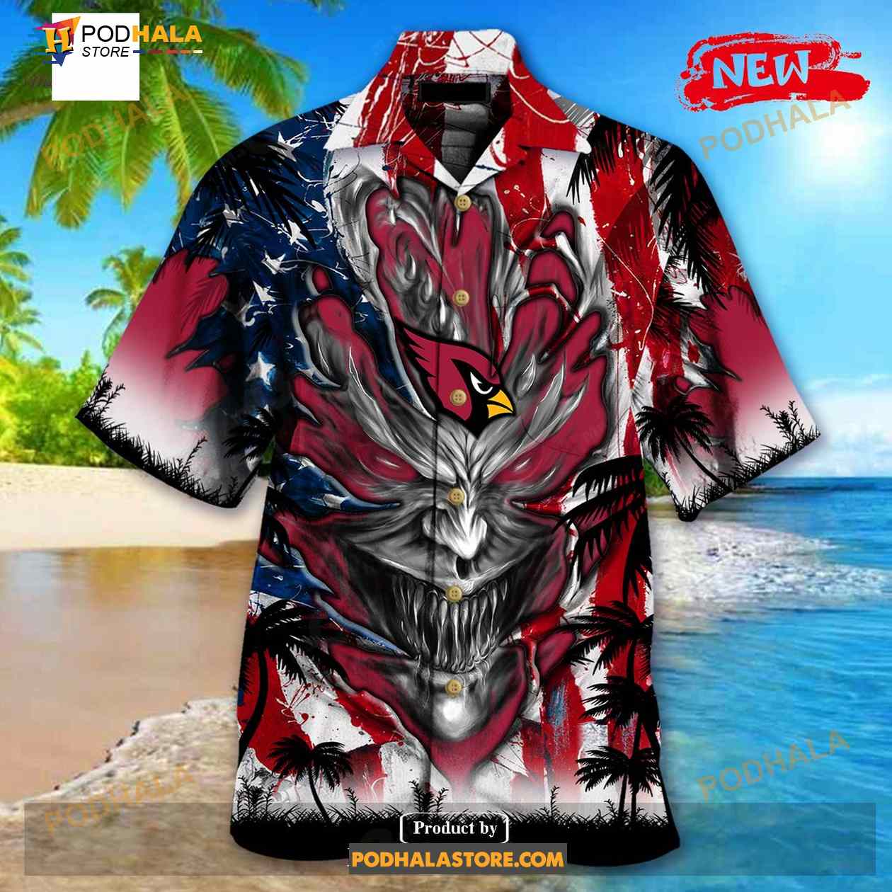 Personalized NFL Arizona Cardinals US Flag Demon Face Funny 3D NFL Hawaiian Shirt Personalized NFL Arizona Cardinals US Flag Demon Face Funny 3D NFL Hawaiian Shirt