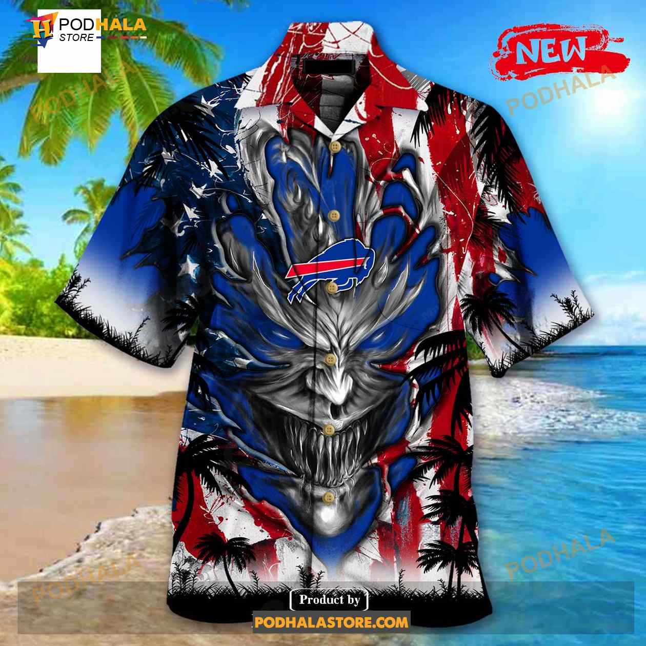 Personalized NFL Buffalo Bills US Flag Demon Face Funny 3D NFL Hawaiian Shirt Personalized NFL Buffalo Bills US Flag Demon Face Funny 3D NFL Hawaiian Shirt