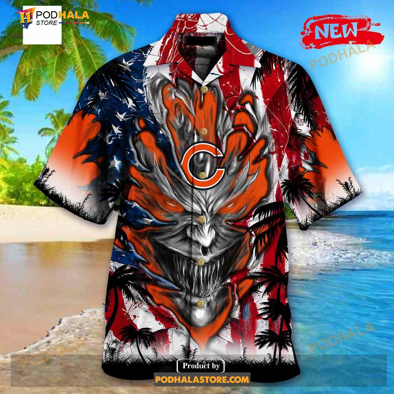 Personalized NFL Chicago Bears US Flag Demon Face Funny 3D NFL Hawaiian Shirt Personalized NFL Chicago Bears US Flag Demon Face Funny 3D NFL Hawaiian Shirt