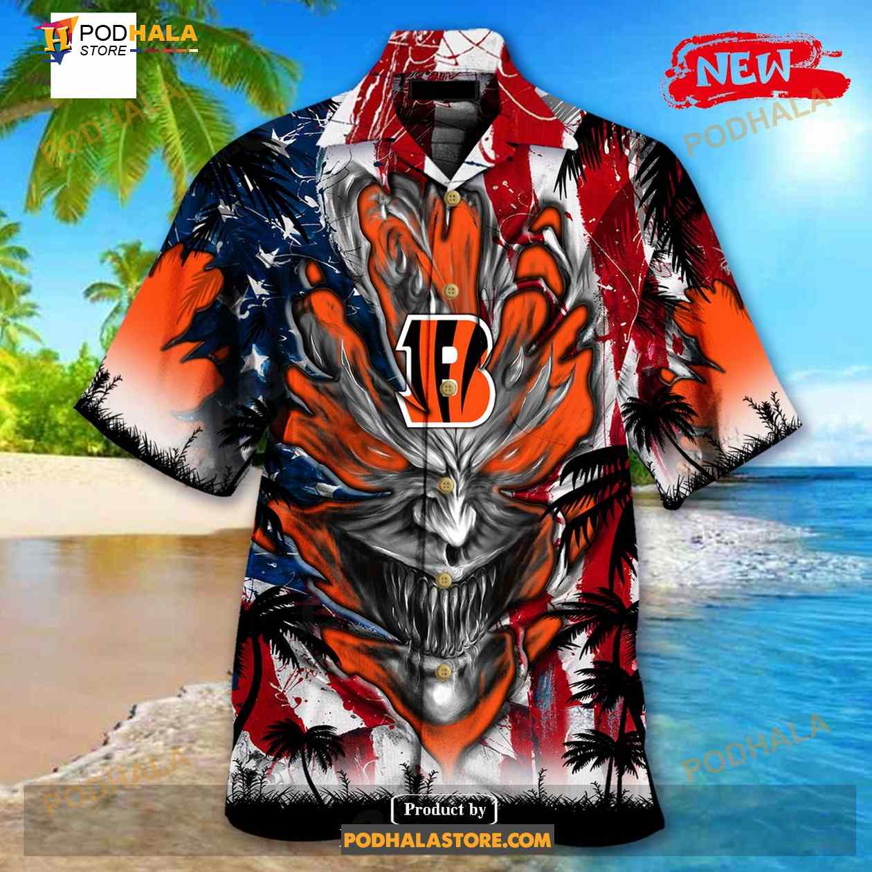 Personalized NFL Cincinnati Bengals US Flag Demon Face Funny 3D NFL Hawaiian Shirt Personalized NFL Cincinnati Bengals US Flag Demon Face Funny 3D NFL Hawaiian Shirt