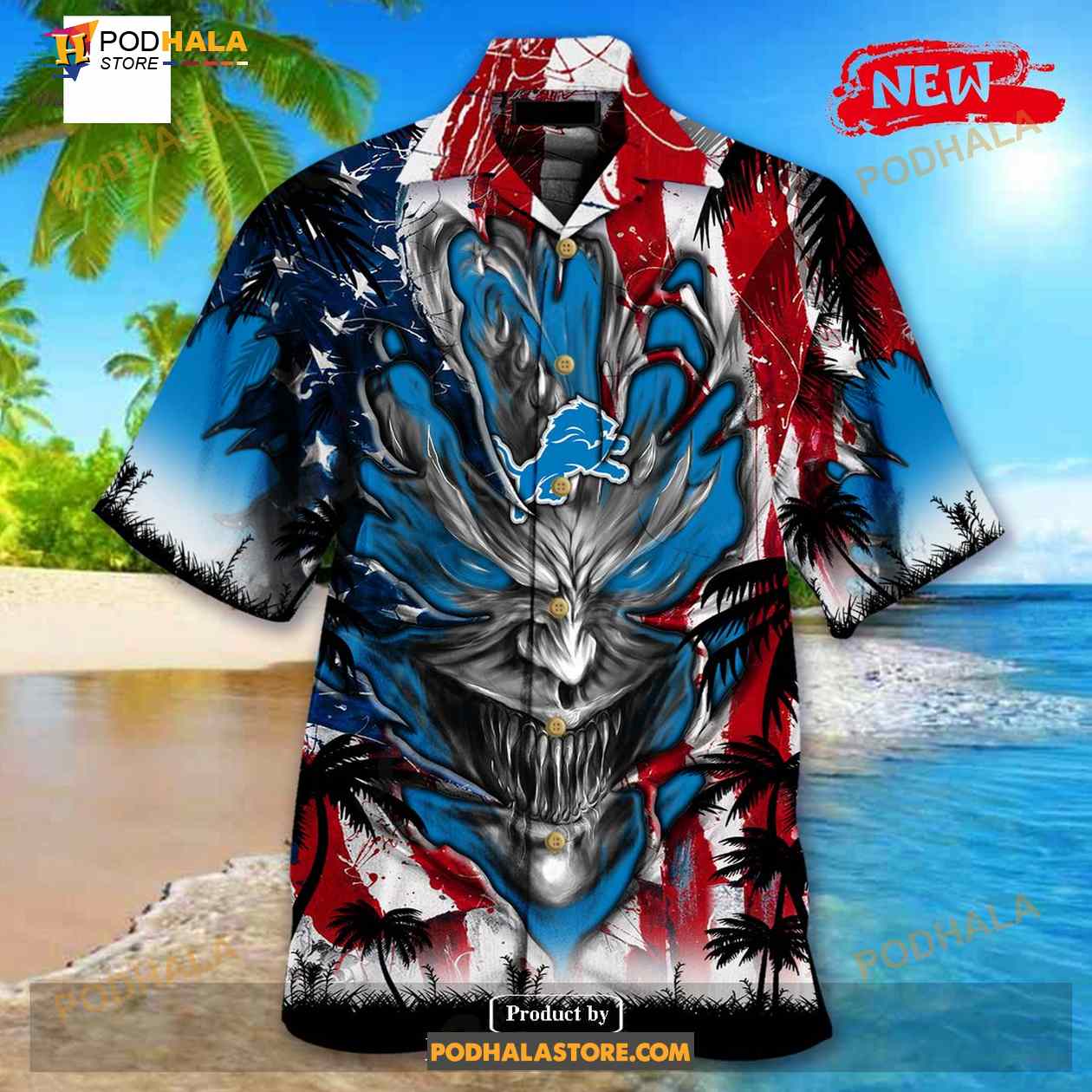 Personalized NFL Detroit Lions US Flag Demon Face Funny 3D NFL Hawaiian Shirt Personalized NFL Detroit Lions US Flag Demon Face Funny 3D NFL Hawaiian Shirt