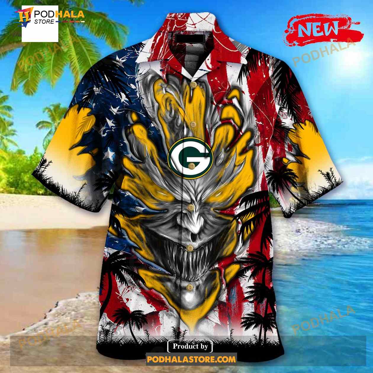 Personalized NFL Green Bay Packers US Flag Demon Face Funny 3D NFL Hawaiian Shirt Personalized NFL Green Bay Packers US Flag Demon Face Funny 3D NFL Hawaiian Shirt