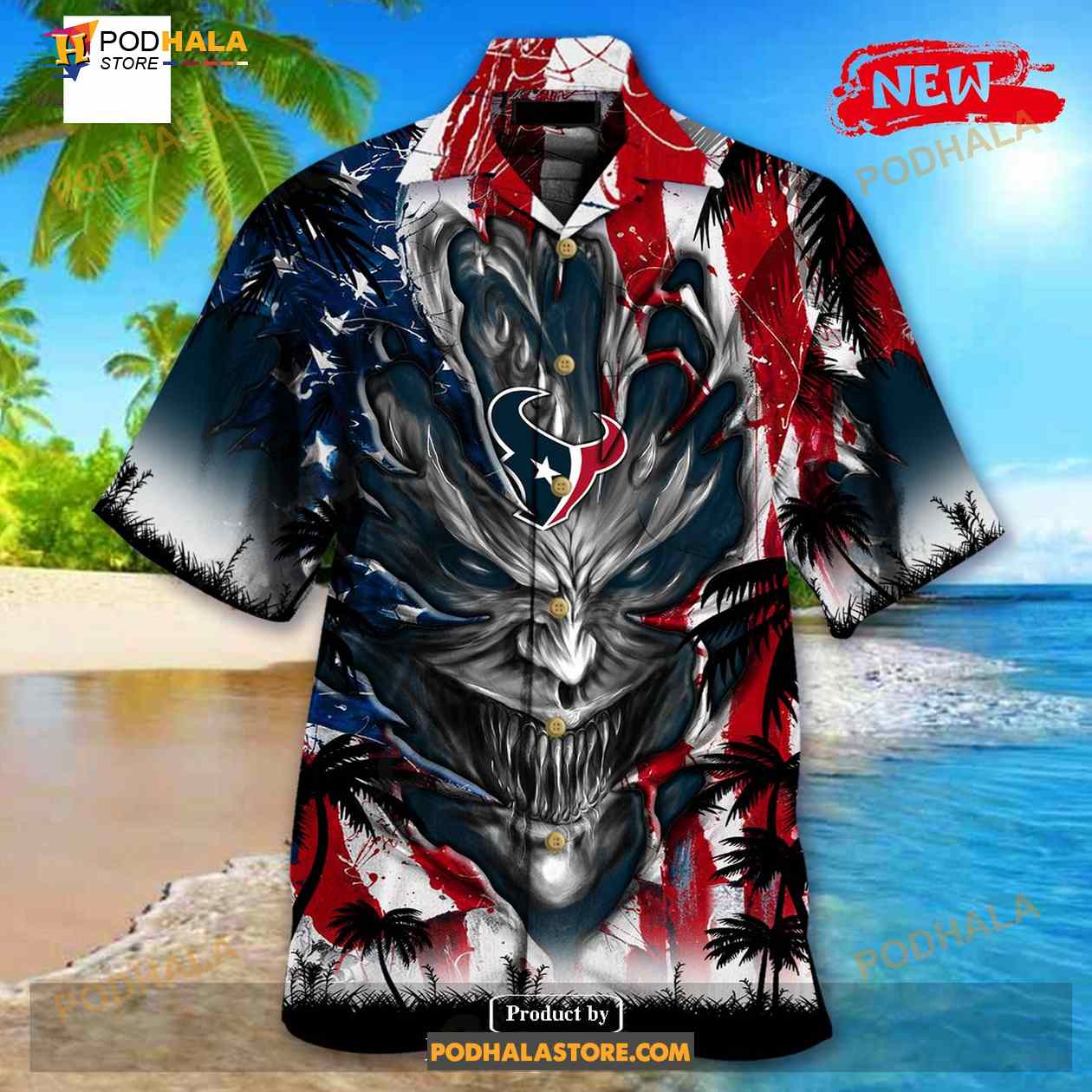 Personalized NFL Houston Texans US Flag Demon Face Funny 3D NFL Hawaiian Shirt Personalized NFL Houston Texans US Flag Demon Face Funny 3D NFL Hawaiian Shirt