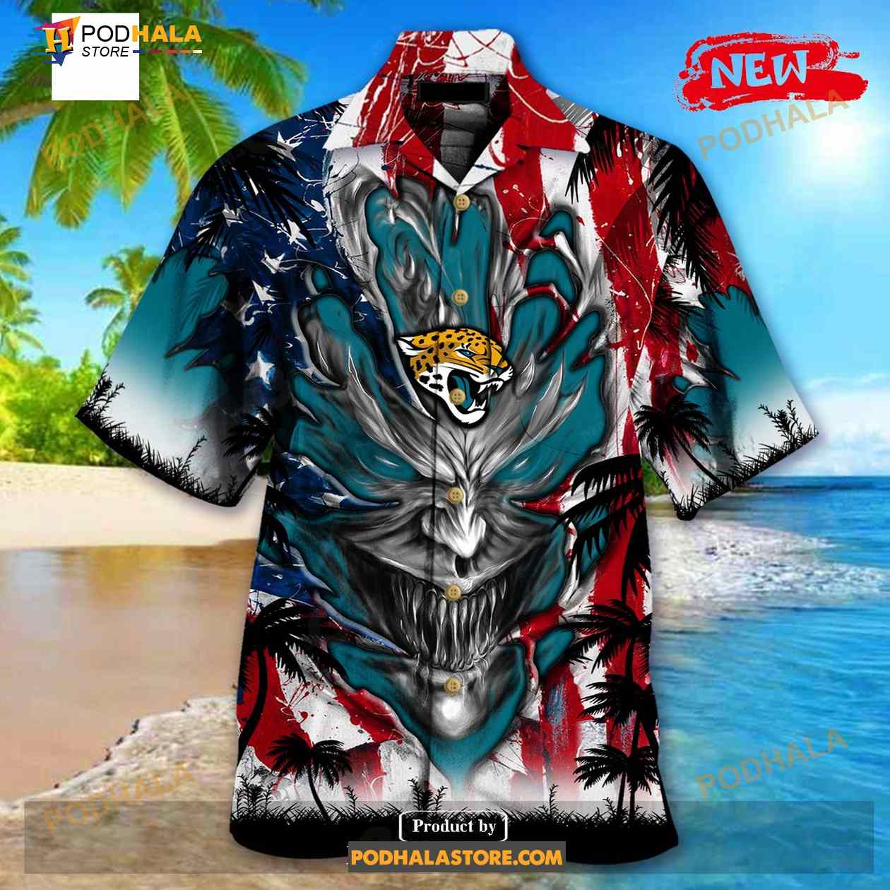 Personalized NFL Jacksonville Jaguars US Flag Demon Face Funny 3D NFL Hawaiian Shirt Personalized NFL Jacksonville Jaguars US Flag Demon Face Funny 3D NFL Hawaiian Shirt