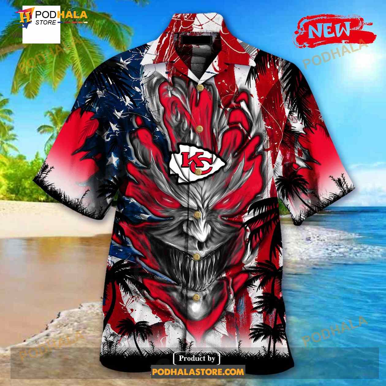 Personalized NFL Kansas City Chiefs US Flag Demon Face Funny 3D NFL Hawaiian Shirt Personalized NFL Kansas City Chiefs US Flag Demon Face Funny 3D NFL Hawaiian Shirt