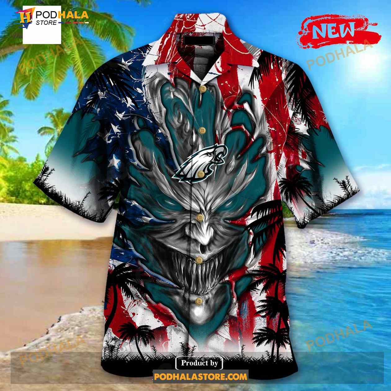 Personalized NFL Philadelphia Eagles US Flag Demon Face Funny 3D NFL Hawaiian Shirt Personalized NFL Philadelphia Eagles US Flag Demon Face Funny 3D NFL Hawaiian Shirt