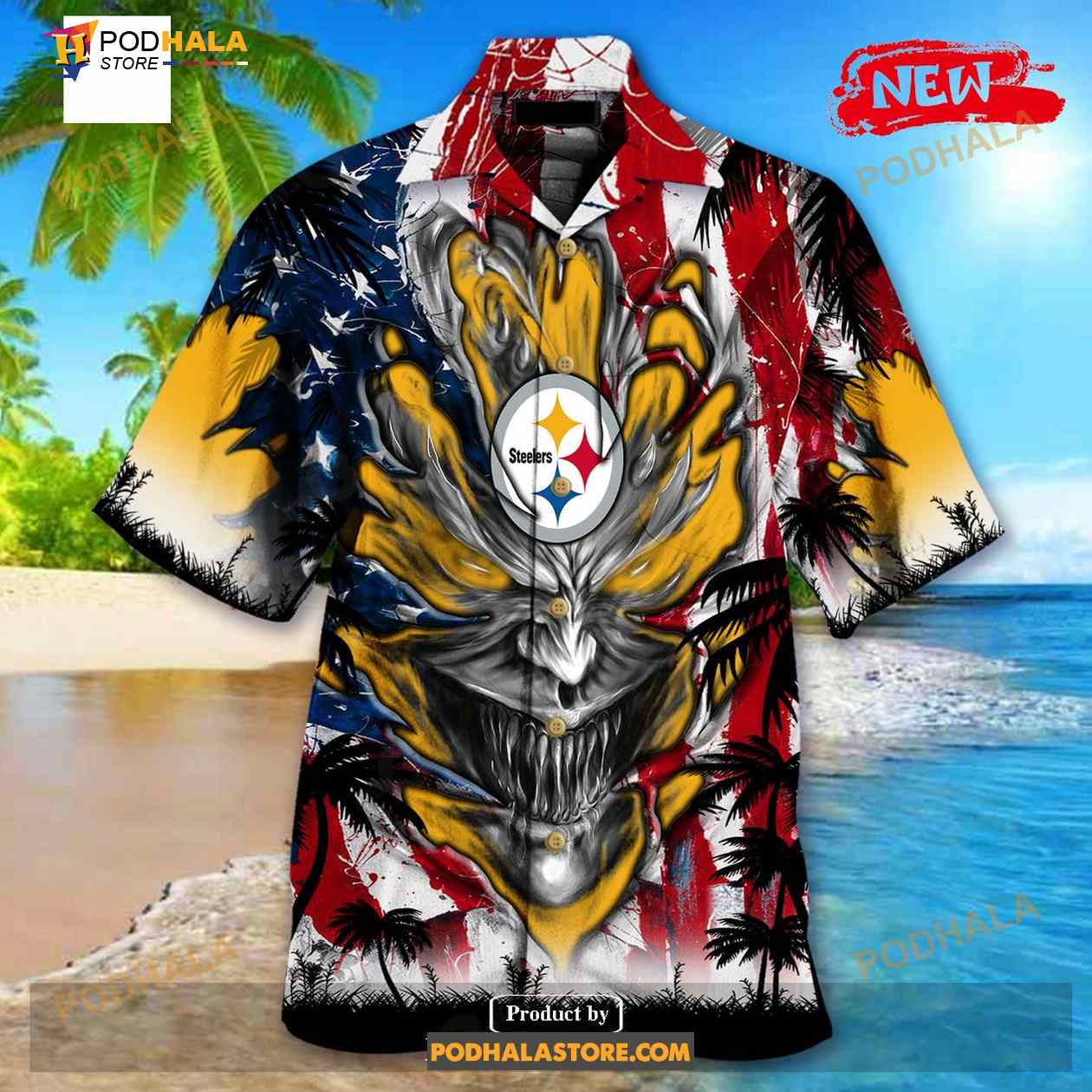 Personalized NFL Pittsburgh Steelers US Flag Demon Face Funny 3D NFL Hawaiian Shirt Personalized NFL Pittsburgh Steelers US Flag Demon Face Funny 3D NFL Hawaiian Shirt