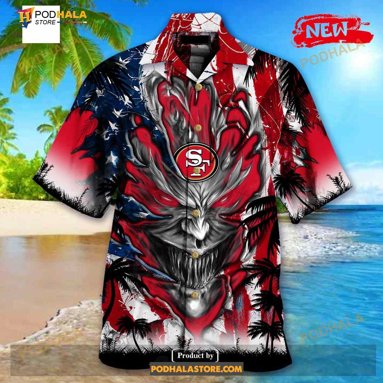 Personalized NFL San Francisco 49ers US Flag Demon Face Funny 3D NFL Hawaiian Shirt Personalized NFL San Francisco 49ers US Flag Demon Face Funny 3D NFL Hawaiian Shirt