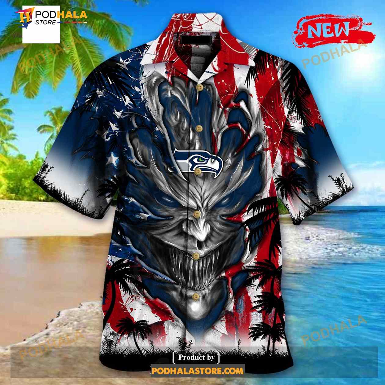 Personalized NFL Seattle Seahawks US Flag Demon Face Funny 3D NFL Hawaiian Shirt Personalized NFL Seattle Seahawks US Flag Demon Face Funny 3D NFL Hawaiian Shirt