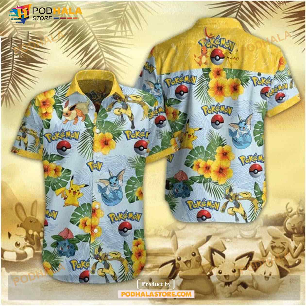 Pokemon Pikachu Eevee Flower Yellow Aloha Funny Hawaiian Shirt Pokemon Pikachu Eevee Flower Yellow Aloha Funny Hawaiian Shirt