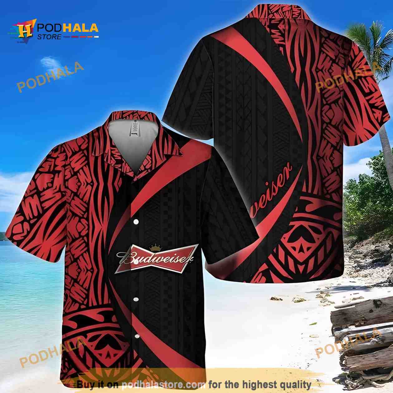 Polynesian Samoan Pattern Budweiser Beer Funny Hawaiian Shirt Polynesian Samoan Pattern Budweiser Beer Funny Hawaiian Shirt