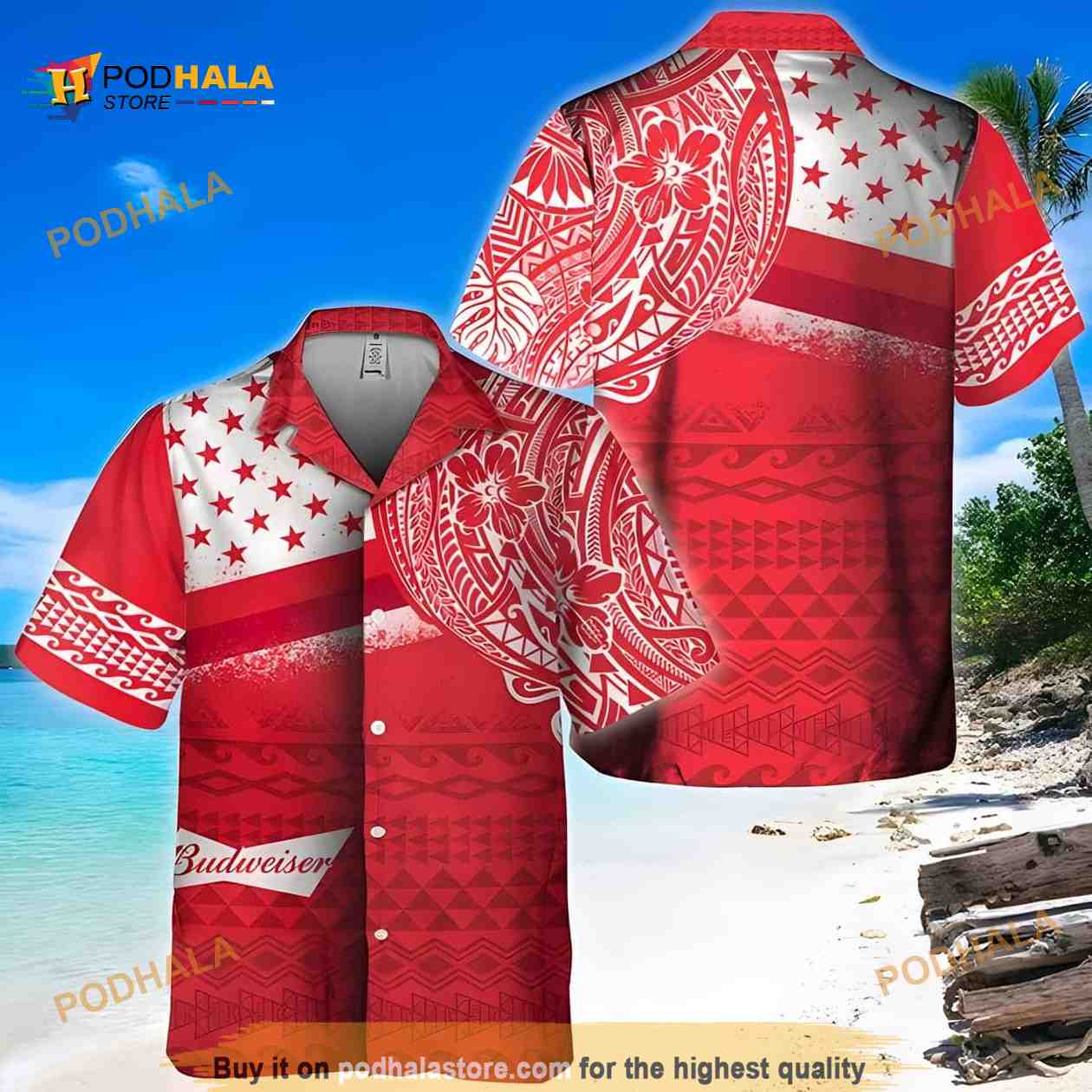 Red Aloha Budweiser Beer Funny Hawaiian Shirt Polynesian Pattern Red Aloha Budweiser Beer Funny Hawaiian Shirt Polynesian Pattern