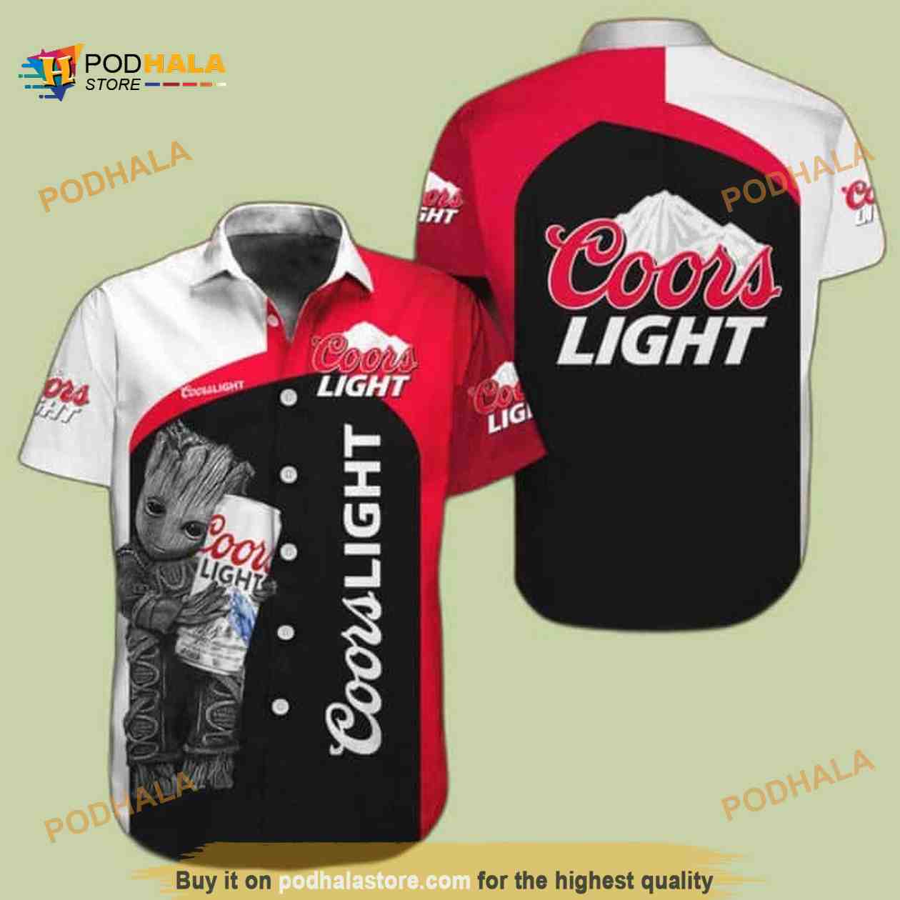 Red Black White Baby Groot Loves Coors Light Funny Hawaiian Shirt Red Black White Baby Groot Loves Coors Light Funny Hawaiian Shirt