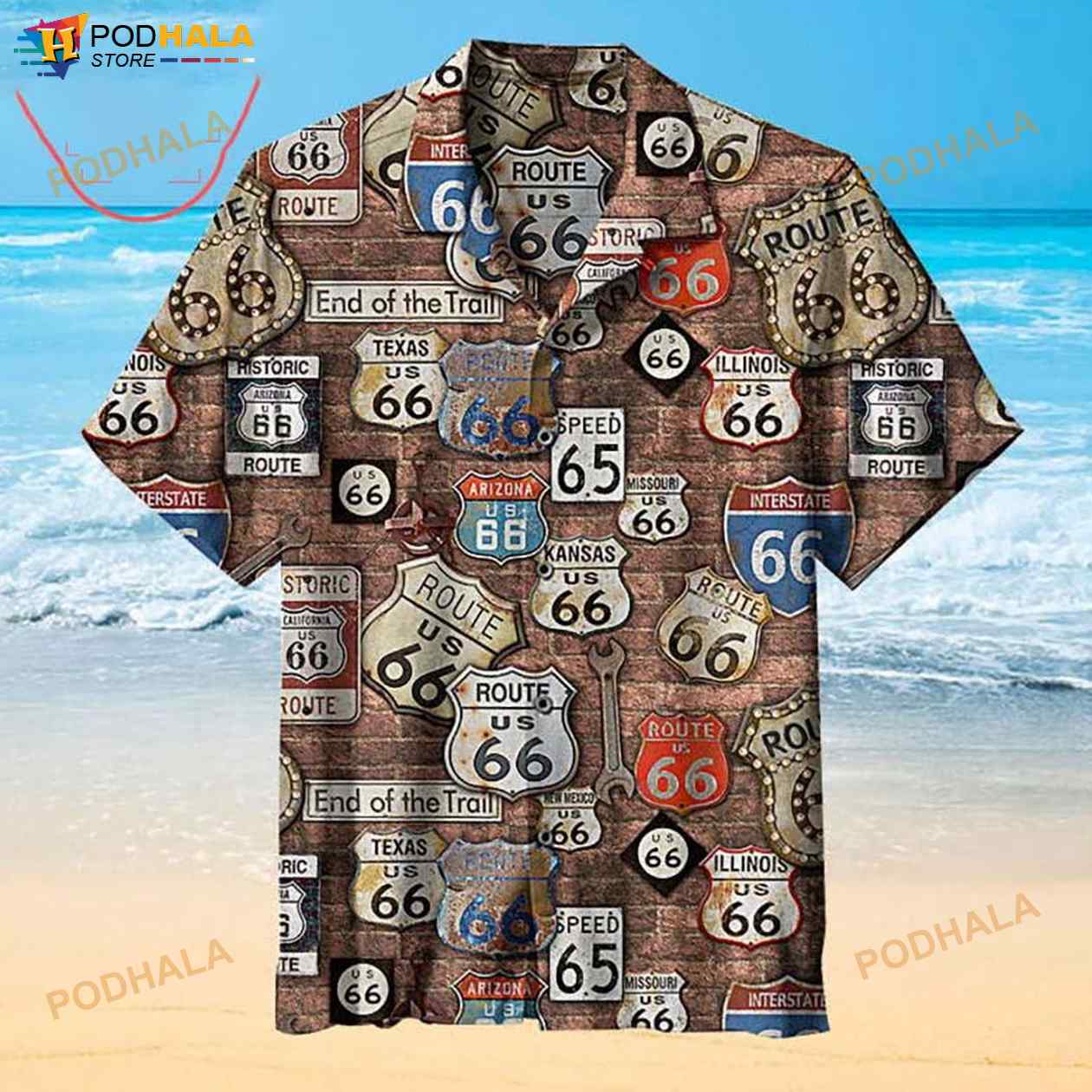 Route 66 On Brick Wall With Road Signs 3D Funny Hawaiian Shirt Route 66 On Brick Wall With Road Signs 3D Funny Hawaiian Shirt