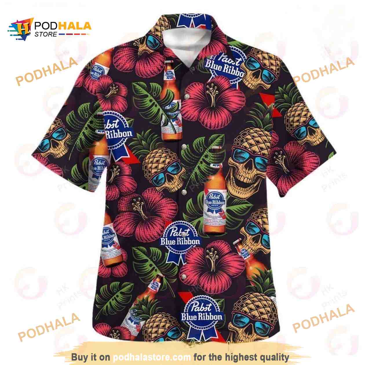 Skull Pineapple Hibiscus Flower Palm Leaves Pabst Blue Ribbon Beer Funny Hawaiian Shirt Skull Pineapple Hibiscus Flower Palm Leaves Pabst Blue Ribbon Beer Funny Hawaiian Shirt