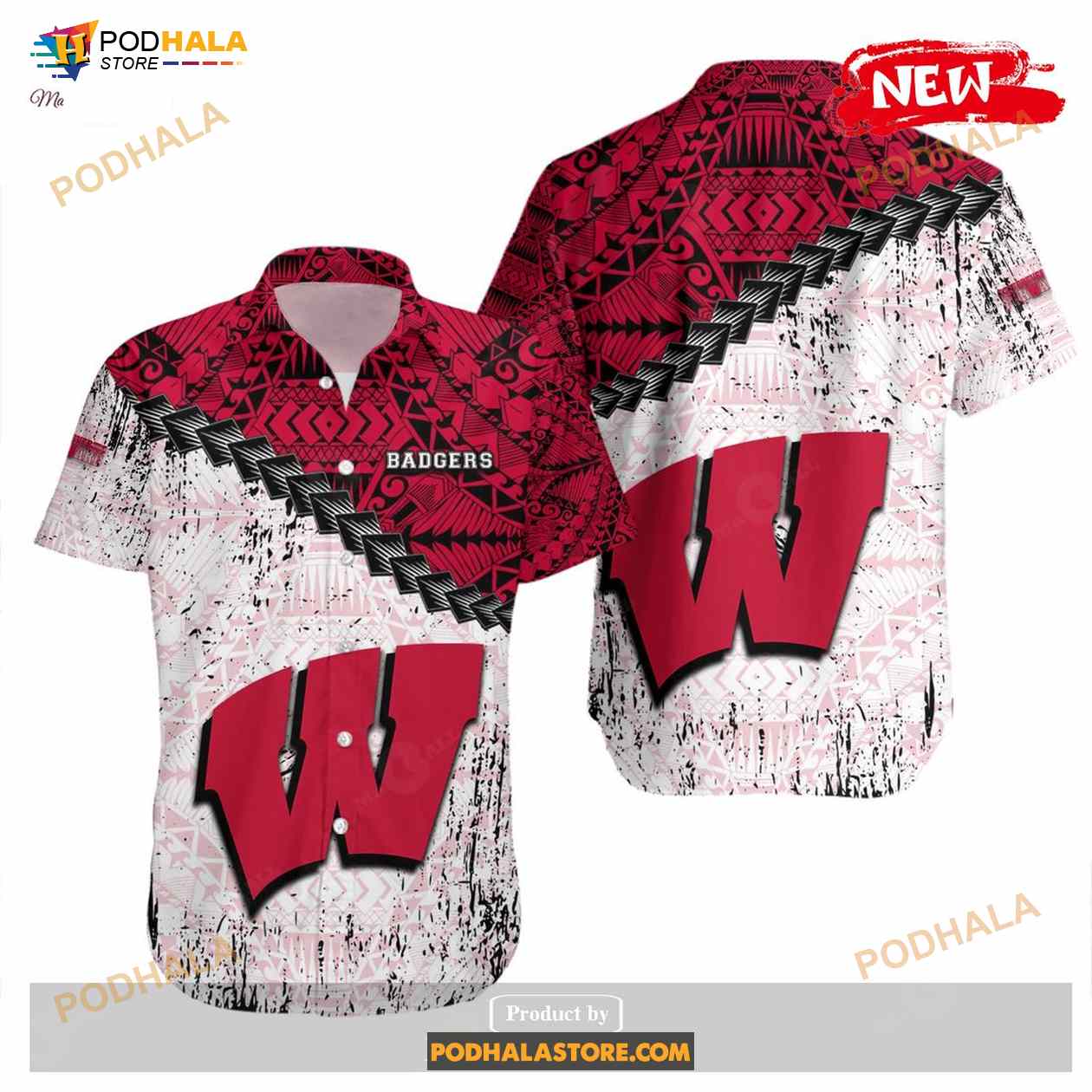 Wisconsin Badgers NCAA Grunge Polynesian Tattoo Funny Hawaiian Shirt Wisconsin Badgers NCAA Grunge Polynesian Tattoo Funny Hawaiian Shirt